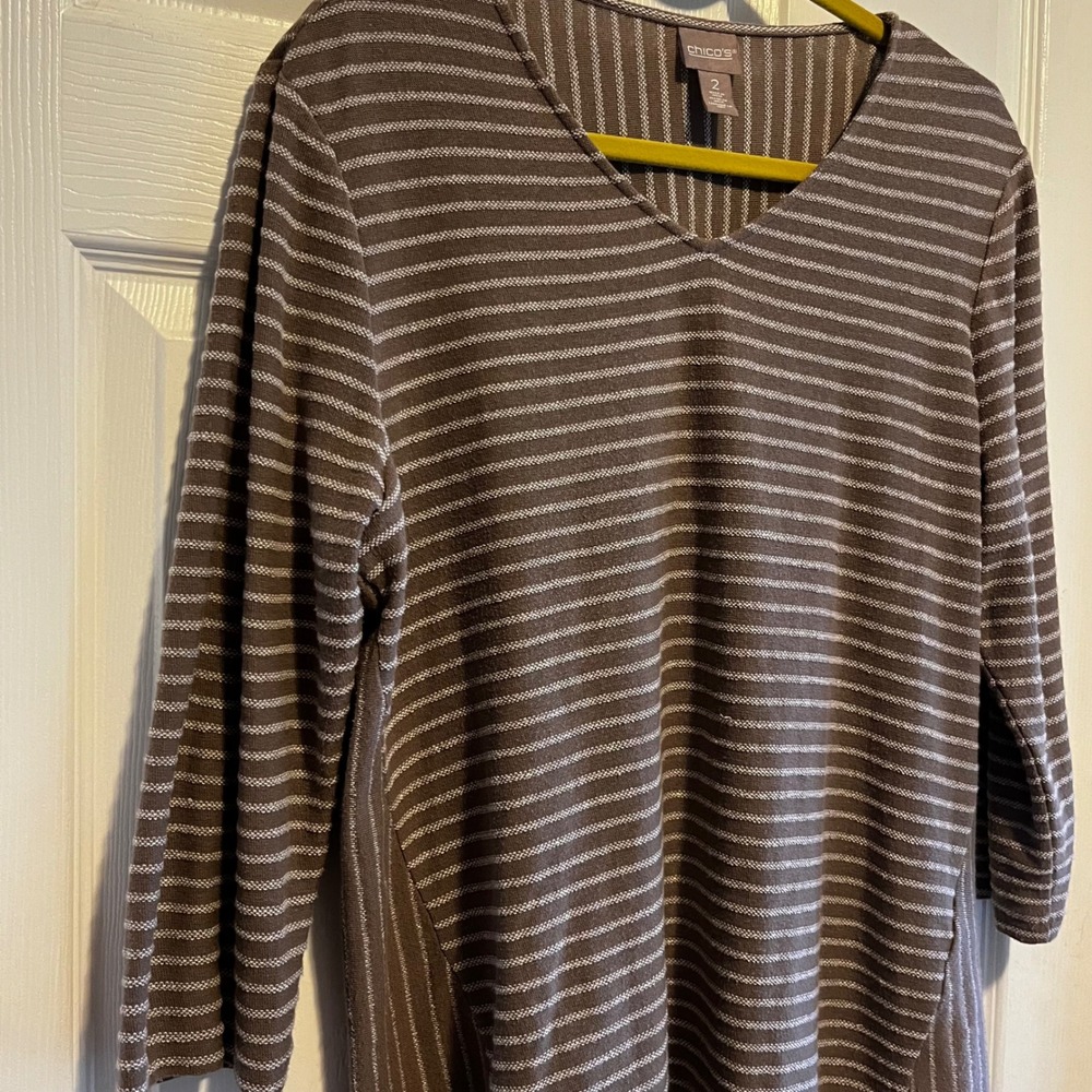 Chico's Mixed Stripe Tunic Top 3/4 Sleeve Neutral Browns Fall Casual 2 Chic - Picture 8 of 14